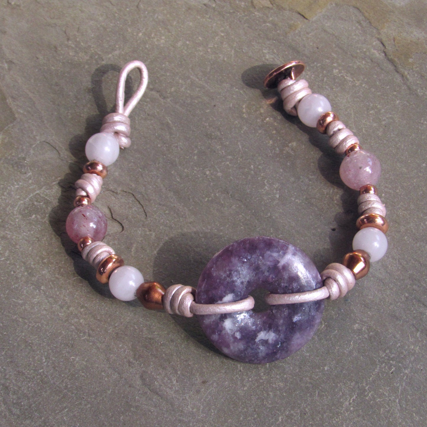 Lepidolite, Strawberry Quartz, Clear Quartz, White Agates with Copper Lotus Button