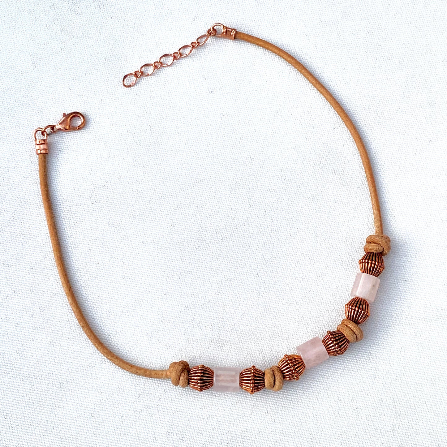 Rose Quartz gemstone and copper leather necklace