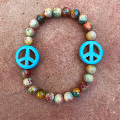 Turquoise Howlite Peace and Rainbow Jade Stretch Bracelet Men’s Sizes