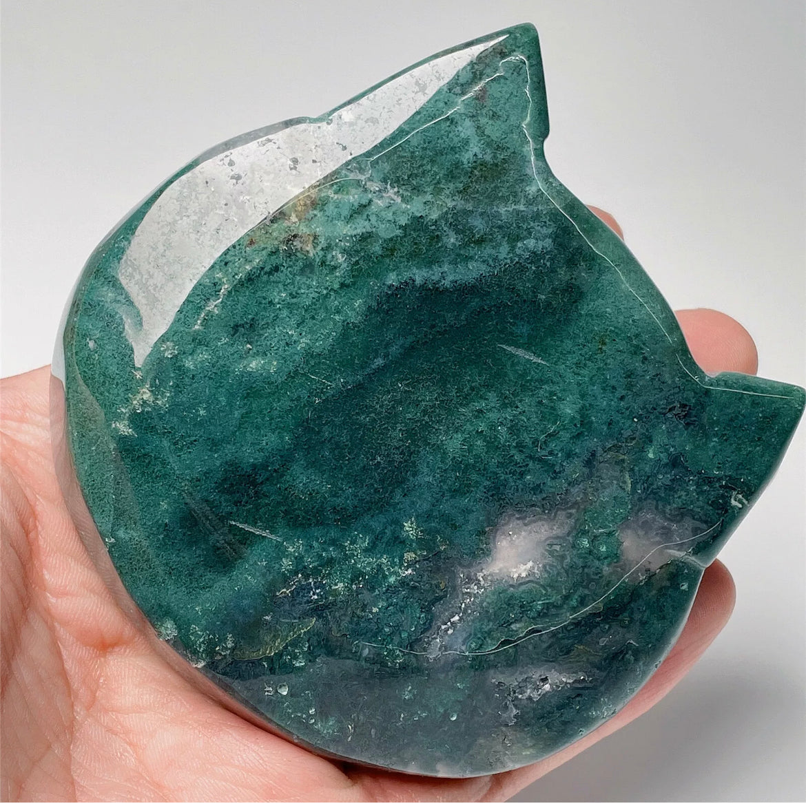 Natural Green Moss Agate Kitty Cat Jewelry Dish