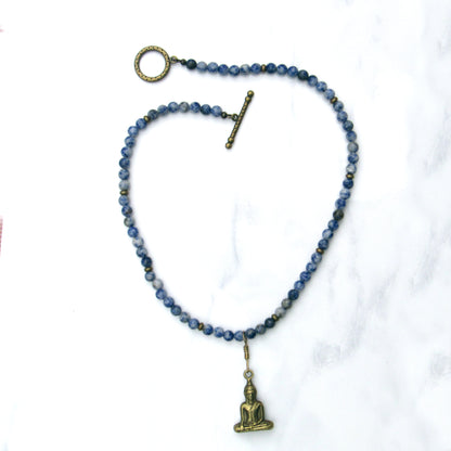 Blue Spot Jasper gemstone and brass Buddha pendant necklace