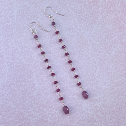 Long Ruby gemstone and silver Dangle Earrings