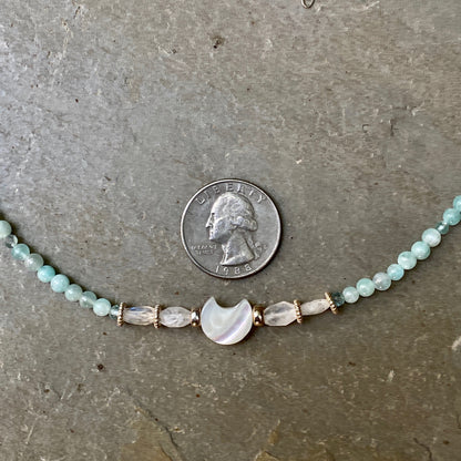 Mother of pearl moon with amazonite, moonstones, and apatite sterling silver Choker