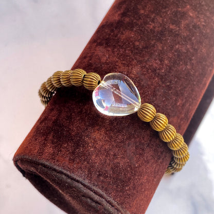 Brass and Clear Quartz gemstone Heart Stretch Bracelet