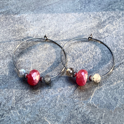 Pink chalcedony, labradorite, oxidized sterling sliver hoop earrings