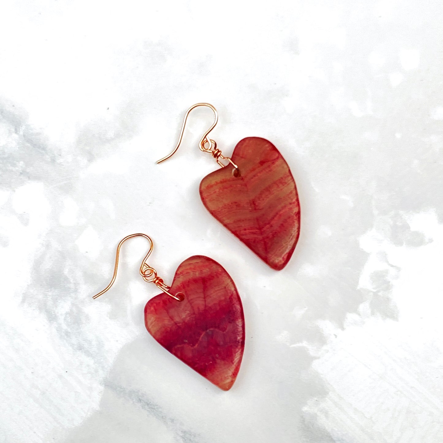 Rhodochrosite gemstone Hearts and 14 Kt Rose Gold fill Drop Earrings