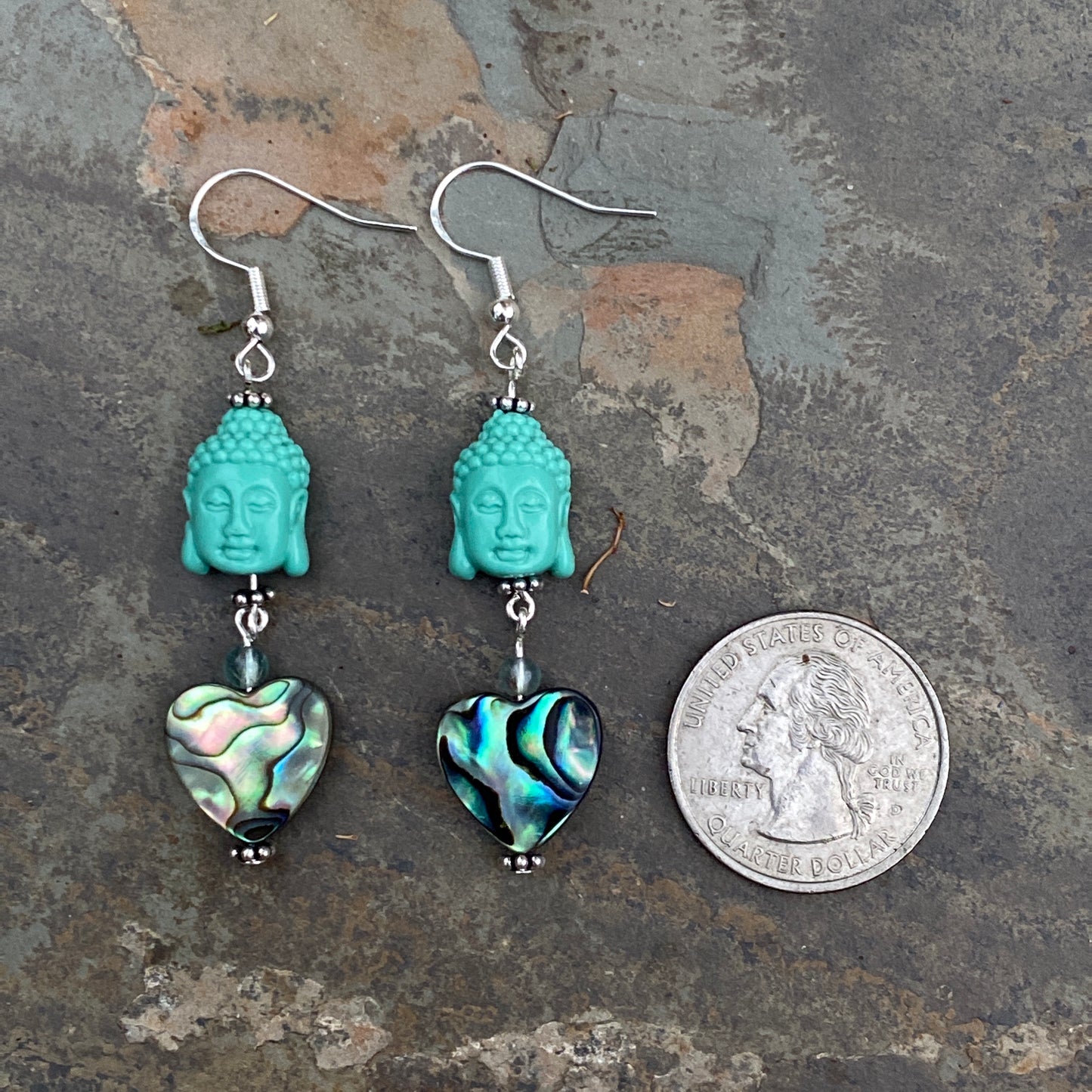 Coral Buddha Heads Abalone Heart sterling silver earrings