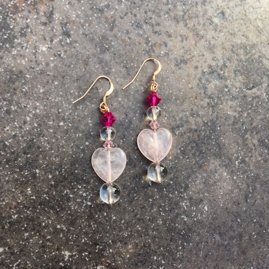 Rose quartz, Clear Quartz, and Swarovski crystal with rose gold filled drop earrings