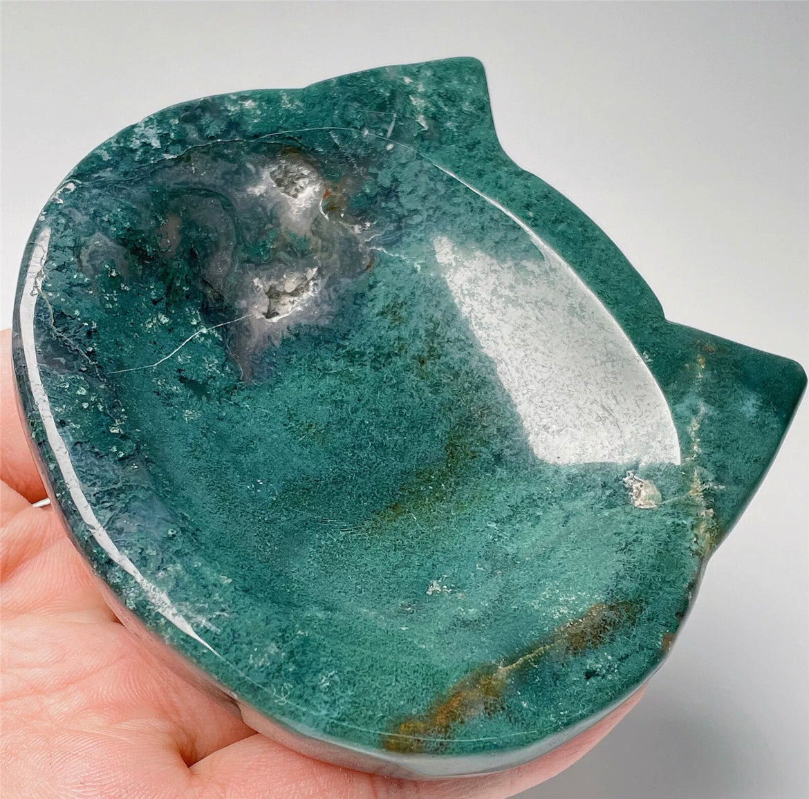 Natural Green Moss Agate Kitty Cat Jewelry Dish