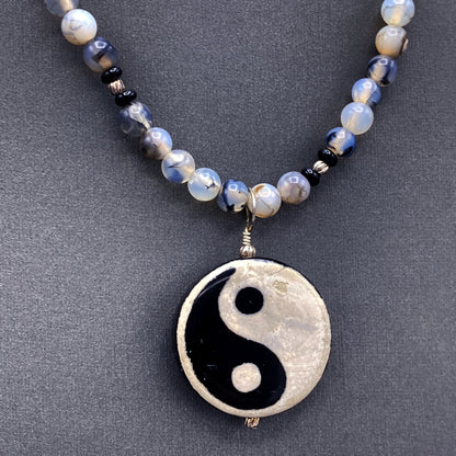 Onyx and Tibetan Agate gemstone Yin Yang Necklace