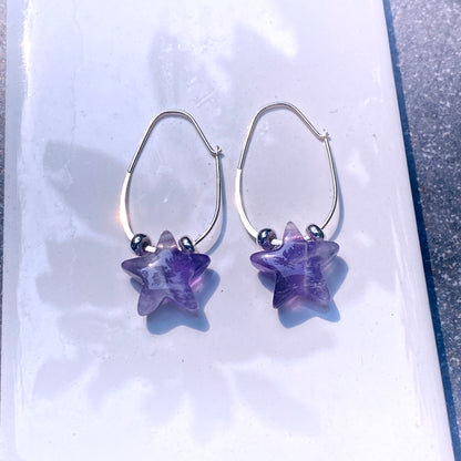 Amethyst Star and Sterling Silver Hoop Earrings