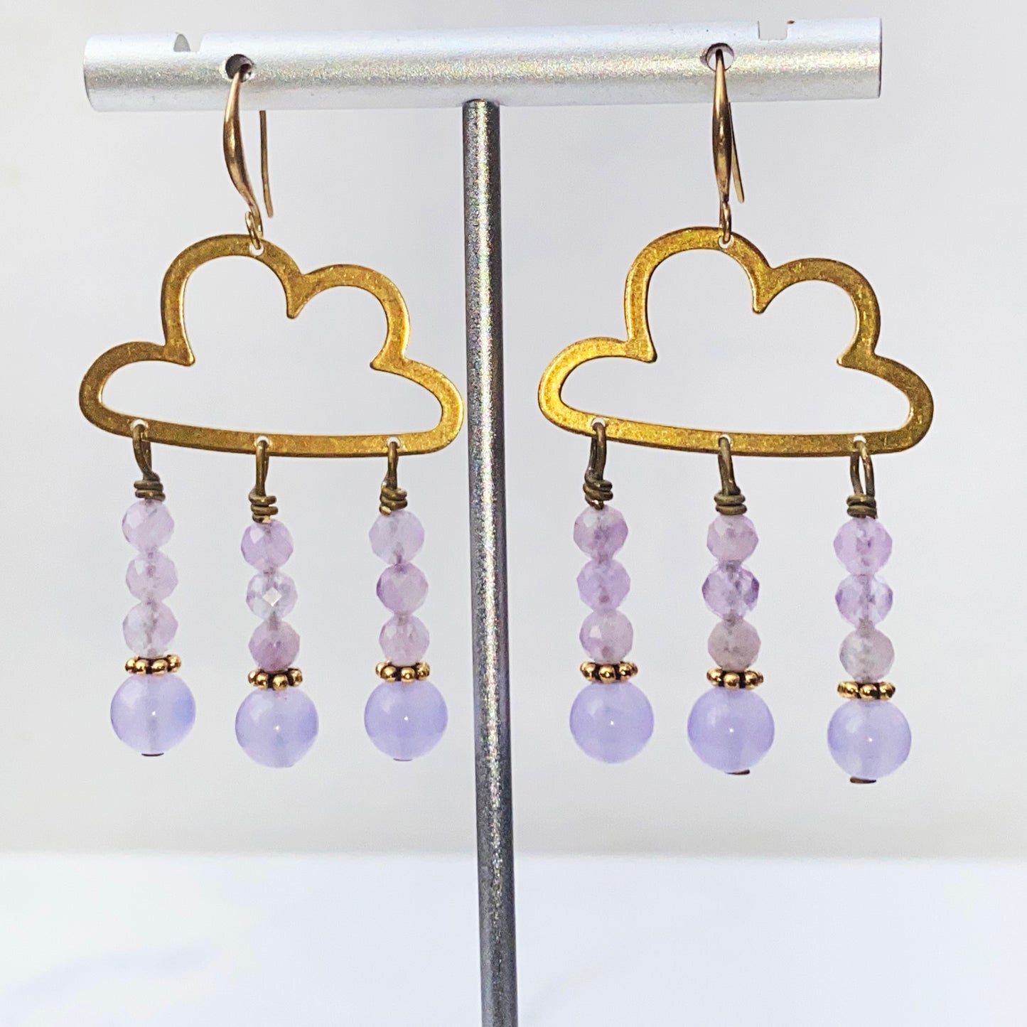 Raw Brass Cloud and Amethyst gemstone Rain Drop Earrings