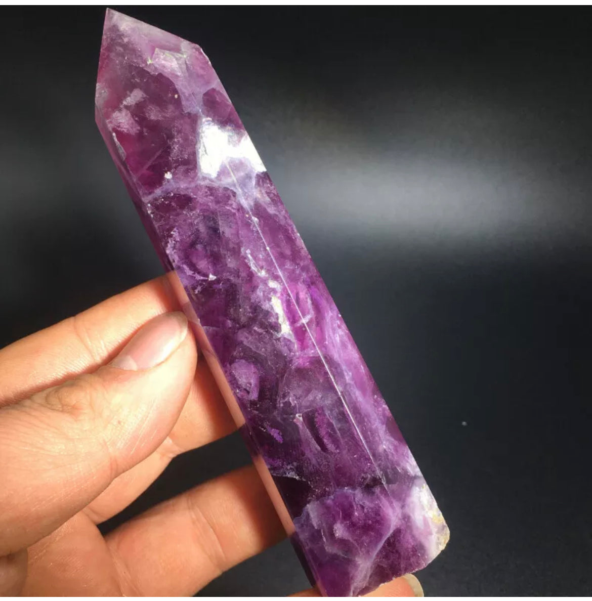 Natural purple fluorite gemstone tower point aura wand