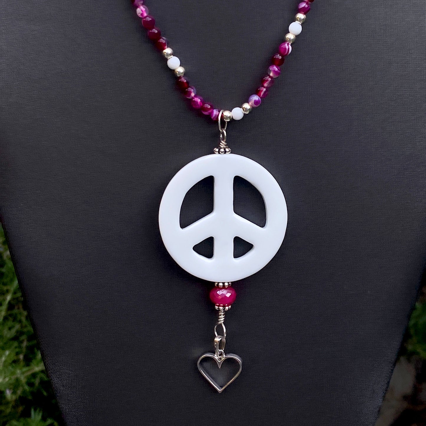 White Agate Peace Sign W/ Pink Banded Agate Sterling Silver Heart & Chalcedony