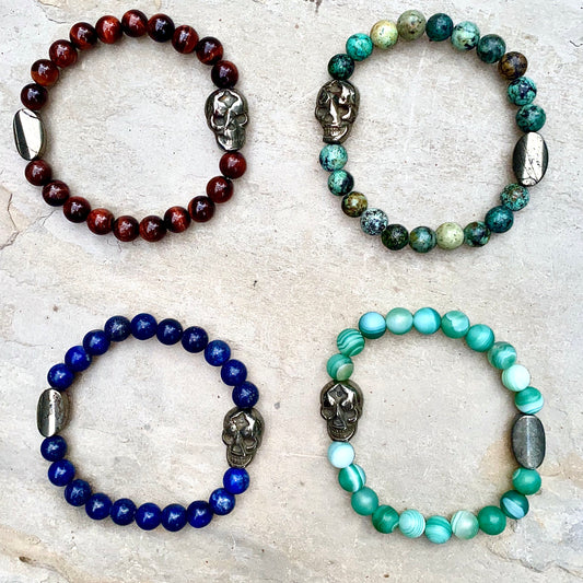 Pyrite Skulls with different Gemstones Men’s Stretch bracelet