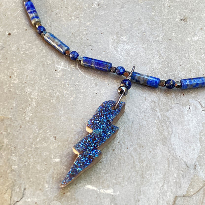 Women’s Blue Druzy Bolt Wired w/ Oxidized Sterling Silver and Lapis Lazuli Necklace