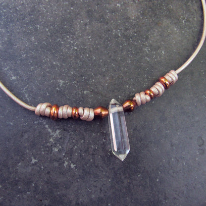 Clear Quartz gemstone and Copper on Metallic Pink Leather Necklace