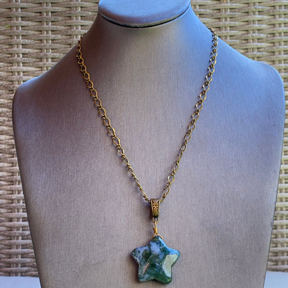 Moss Agate gemstone Star Pendant on Bronze chain