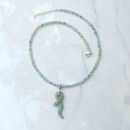 Amazonite Gemstone Snake Hand Wrapped on Amazonite and Apatite beaded Necklace