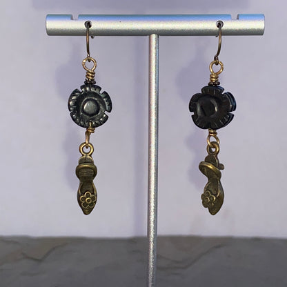 Brass shoe and onyx flower drop earrings