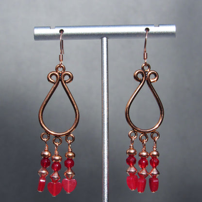 Jade gemstone hearts, Red agates, and copper chandelier earrings