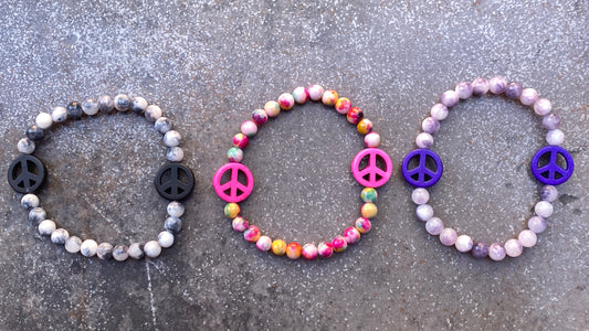 “Tie dye” Genuine Jade Gemstone Peace Sign Stretch Bracelets