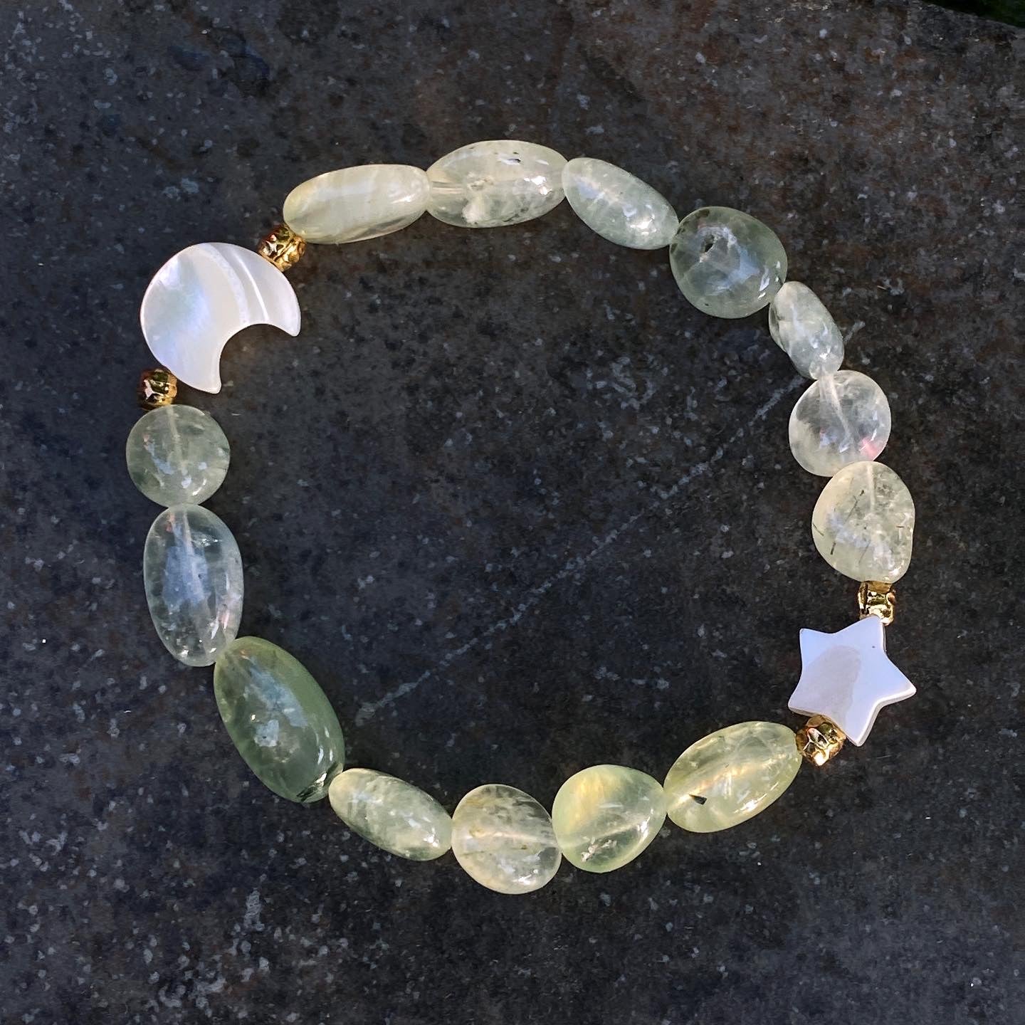 Prehnite gemstone and Mother and Pearl Star and Moon Bracelet