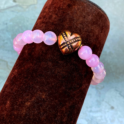 Pink agate and copper heart bracelet