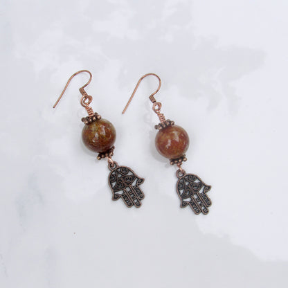 Phantom Ghost gemstones and Copper Hamsa Drop Earrings