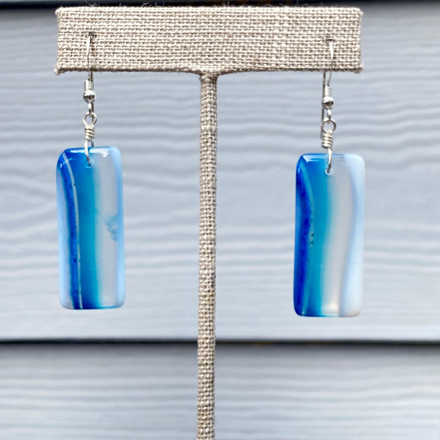 Blue Agate Gemstone Drop Earrings Wrapped with Sterling Silver