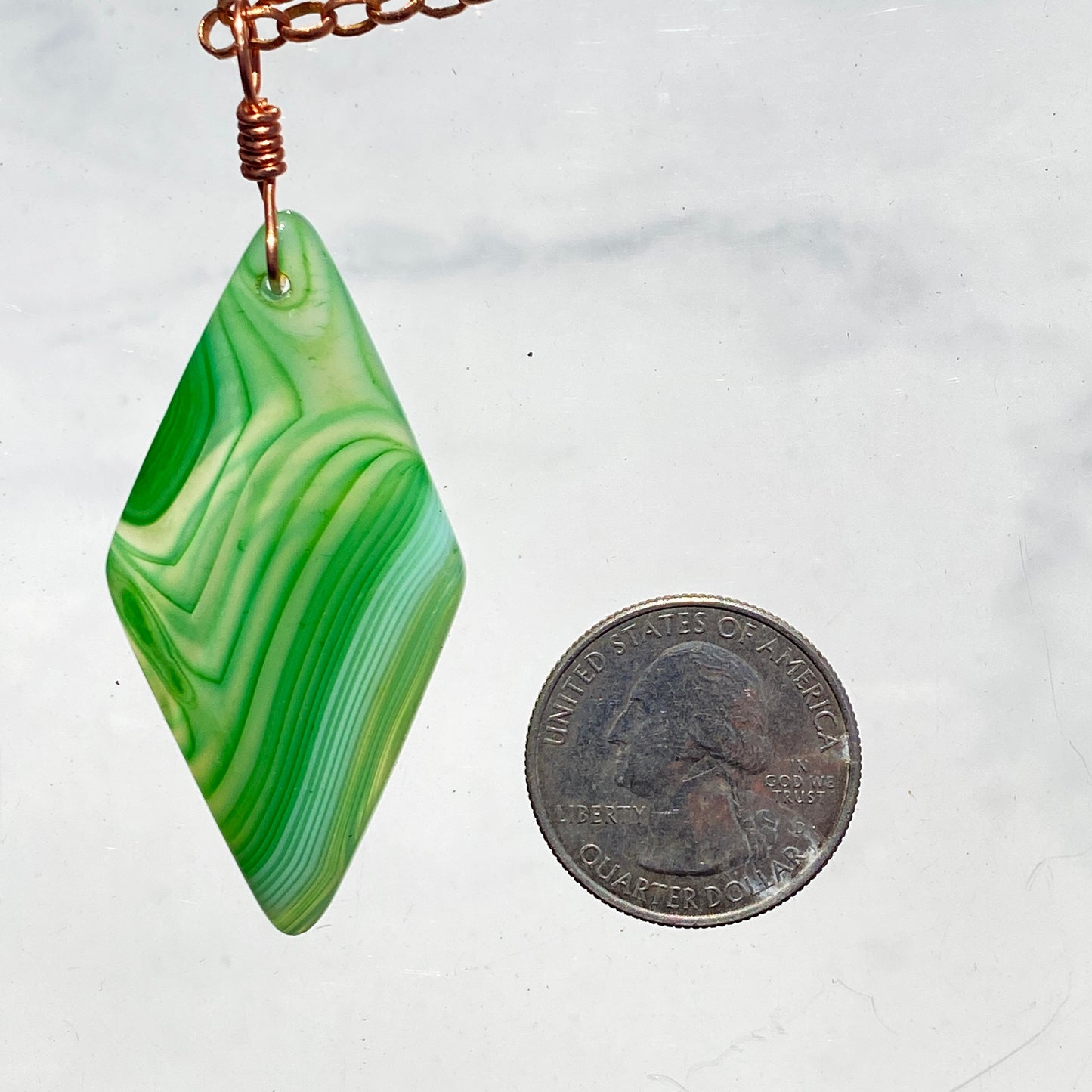 Green Agate gemstone pendant on genuine copper chain necklace