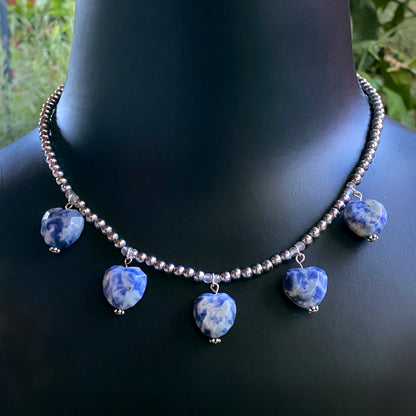 Sodalite heart, silver hematite beads, and sterling silver necklace