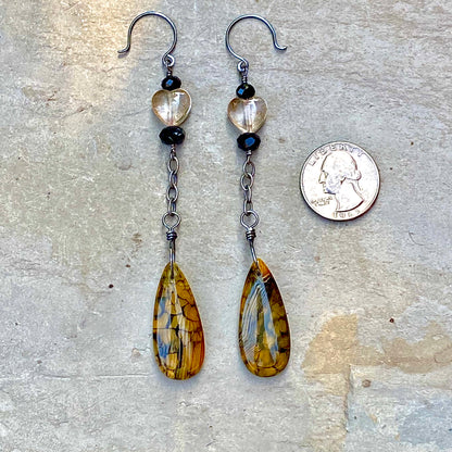 Citrine Hearts, Yellow Dragon’s Vein Agate, Black Spinel, and Oxidized Sterling Drop Earrings