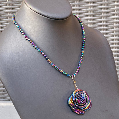 Rainbow Hematite Carved Rose wrapped with Gold Fill Wire on Hematite Gemstone Beaded Necklace