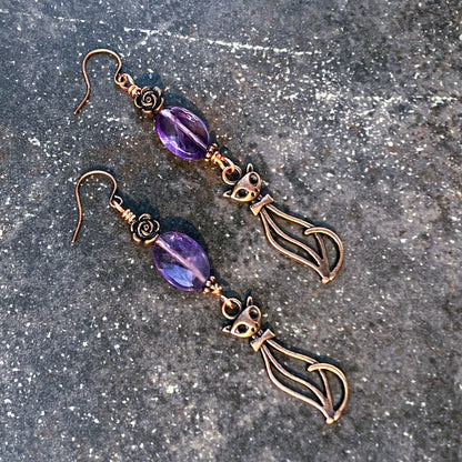 Amethyst gemstone and Copper Kitty Crystal Drop Earrings