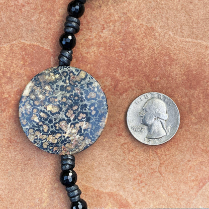 Leather Knotted Leopard Print Jasper Gemstone, Faceted Onyx, and Sterling Silver Button Bracelet