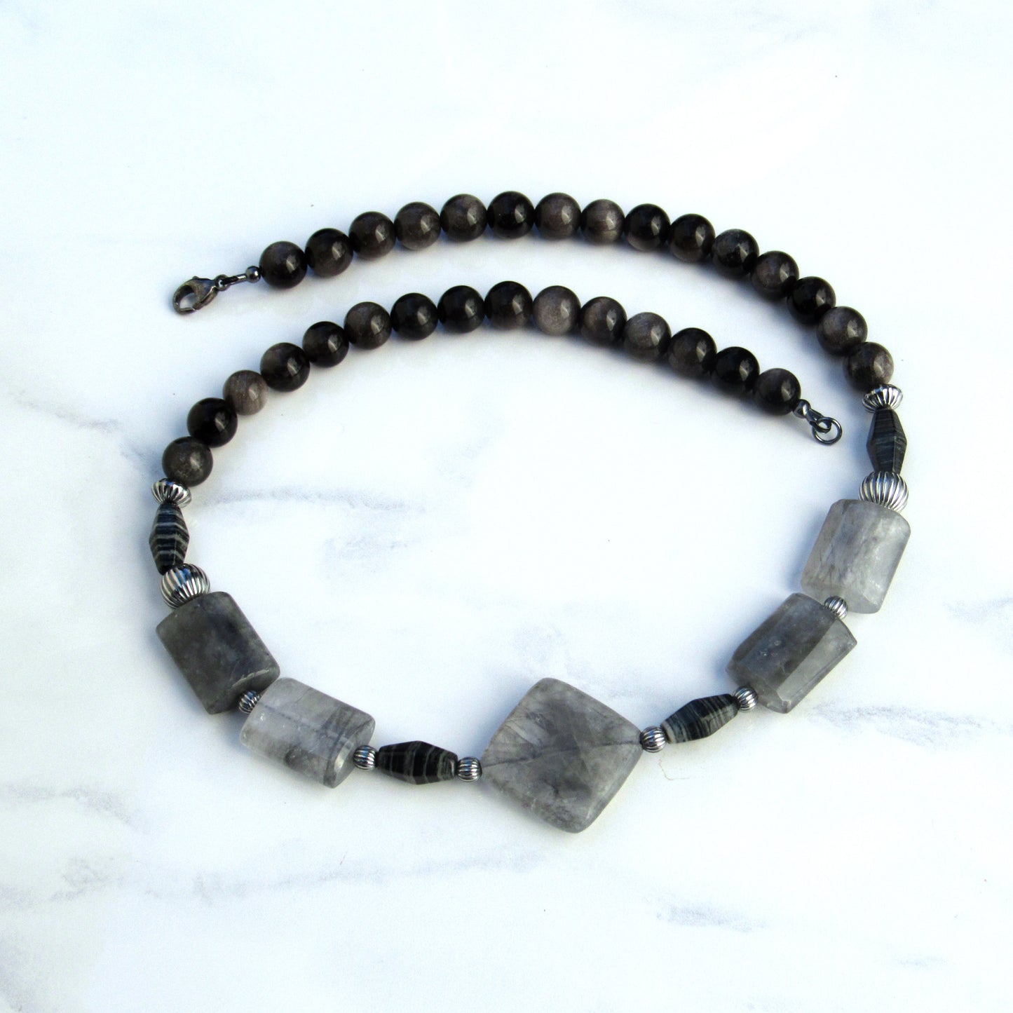 Cloudy Quartz, silver leaf Jasper and silver obsidian with oxidized s silver men’s handmade necklace