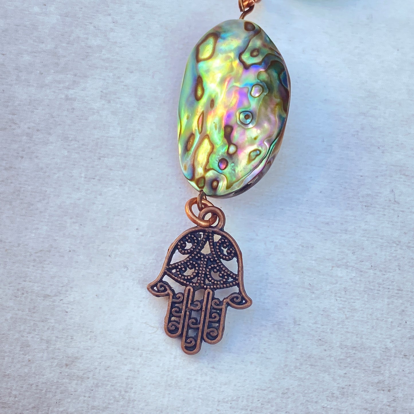 Copper, Abalone shell, Green Onyx gemstone and Hematite Hamsa necklace