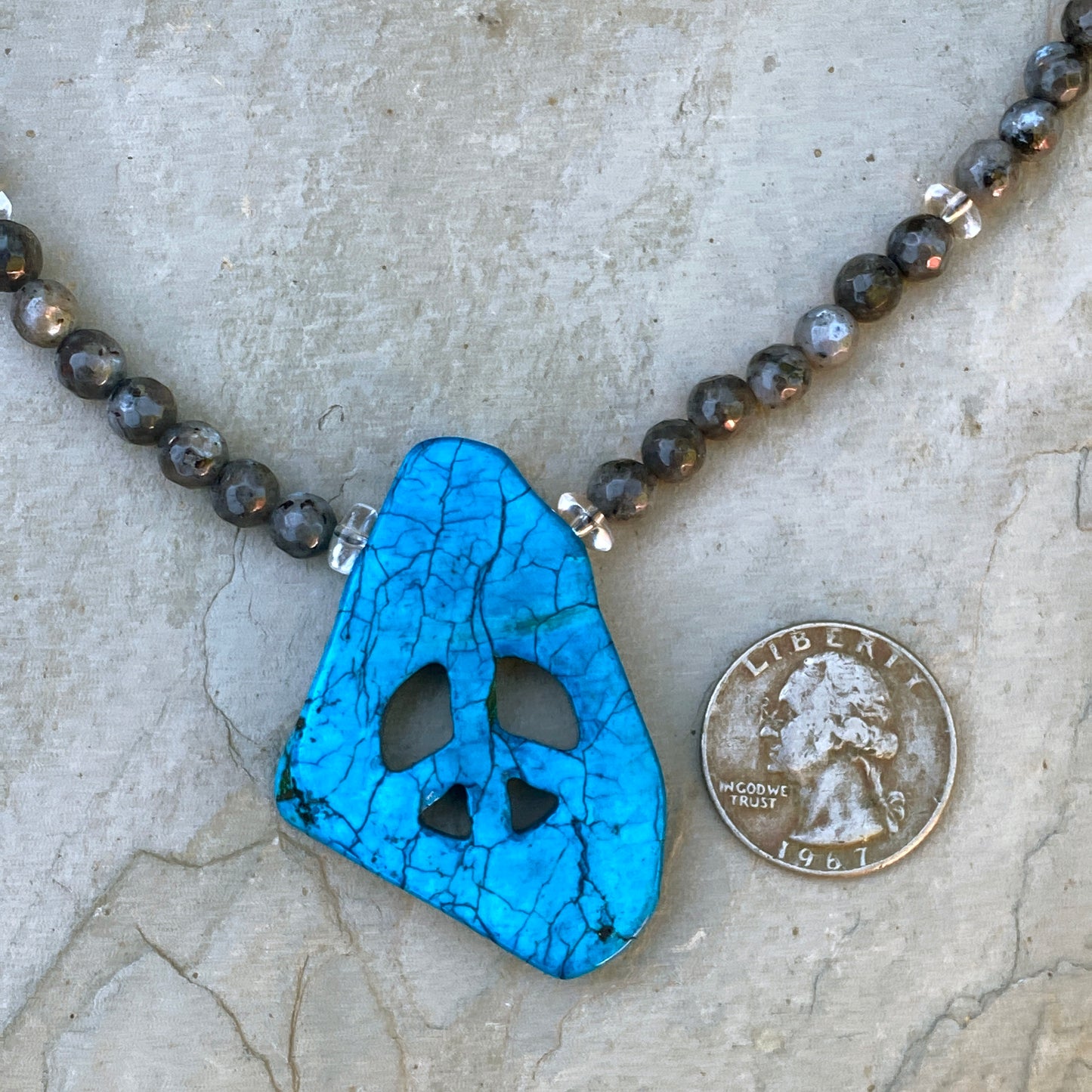 Howlite Peace Sign, Black Labradorite, and Clear Quartz w/ Sterling Silver Clasp