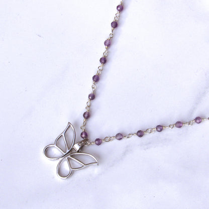 Sterling Silver Wrapped Amethyst gemstone Beads with Sterling Silver Butterfly Pendant