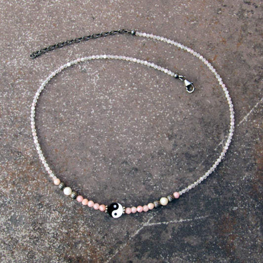 Mother of Pearl, pink Opals, and Oxidized Sterling Silver Choker