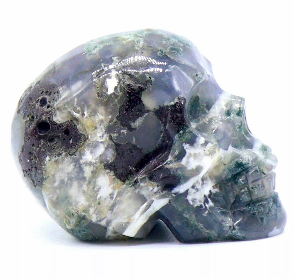 Moss Agate gemstone skull figurine