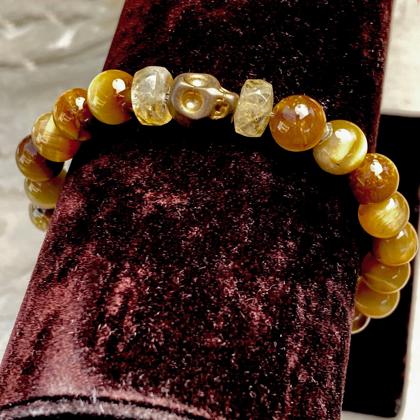 Men’s Tiger Eye, Citrine gemstone, and Hematite Skull Bracelet