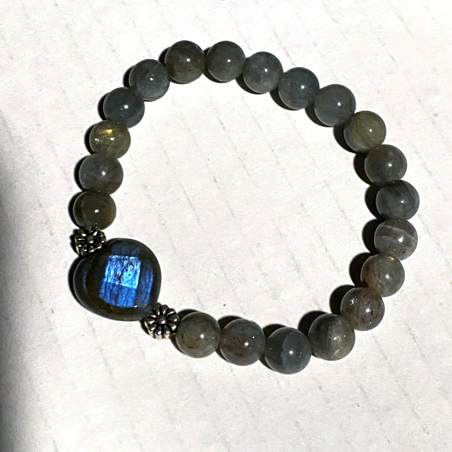 Labradorite gemstone and sterling silver beaded crystal stretch bracelet