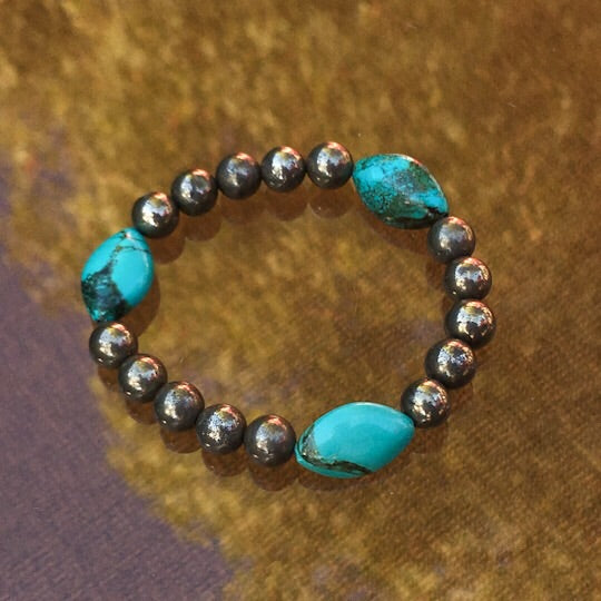 Genuine Turquoise and Pyrite Gemstone stretch bracelet