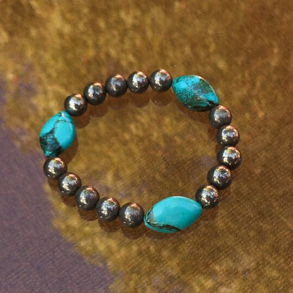 Genuine Turquoise and Pyrite Gemstone stretch bracelet