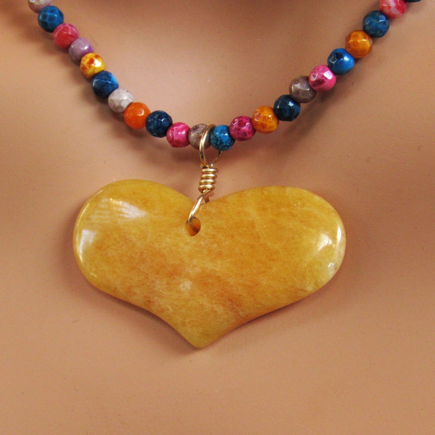 Yellow Jasper Heart Gemstone Pendant on Fire Agates w/ 14 Kt GF Necklace