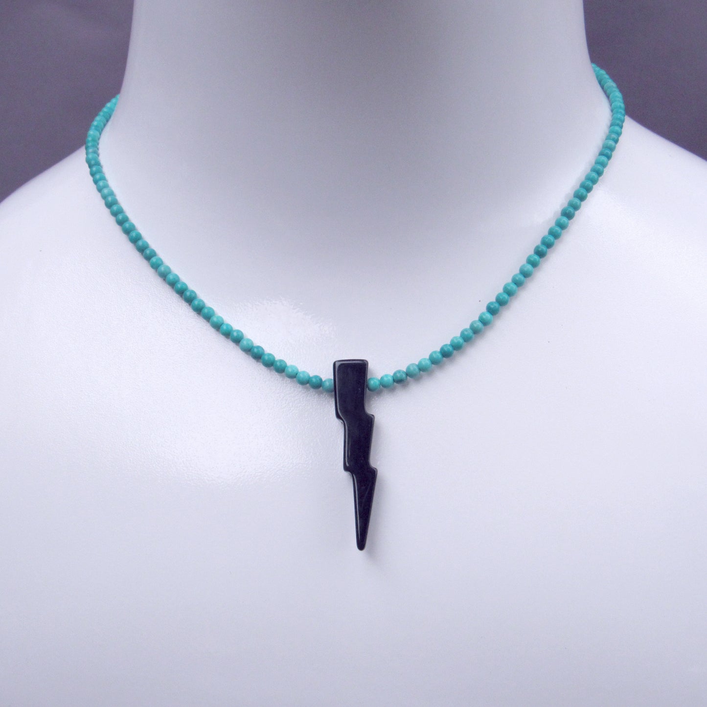 Black Agate Gemstone Lightning Bolt, Genuine Turquoise w/ Oxidized Sterling Silver