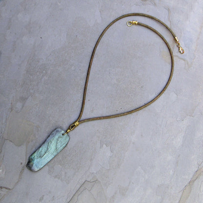 Labradorite gemstone hand wrapped with Brass on leather necklace