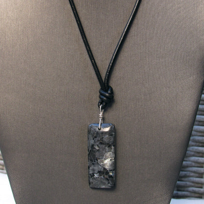 Black Labradorite (Larvikite) gemstone on Leather with Sterling Silver